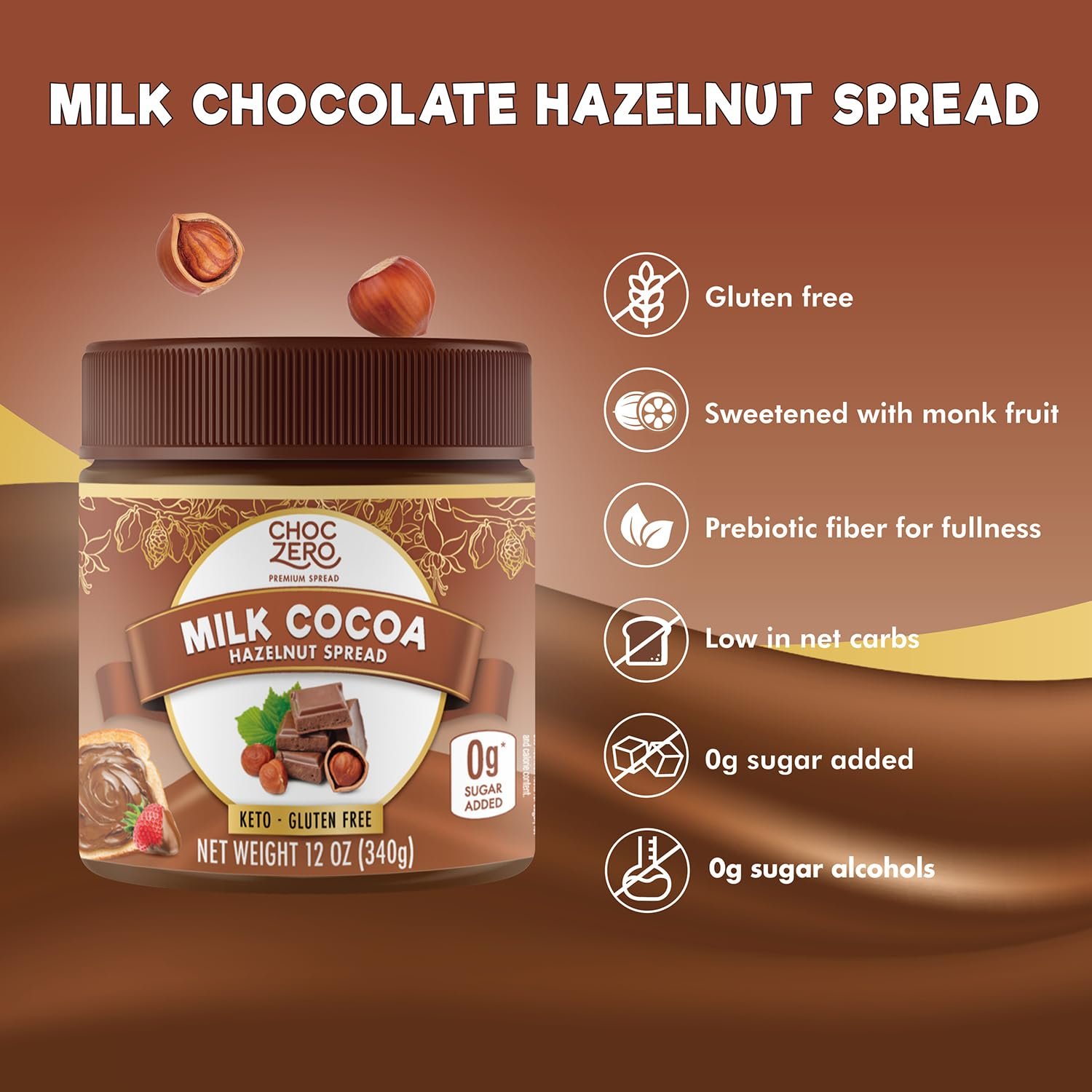 ChocZero Milk Chocolate Hazelnut Spread - No Added Sugar, Keto Friendly Low-Carb Chocolate Hazelnut Dessert & Bread Topping, Gluten Free, High Fiber, 12 oz Jar - Image 3