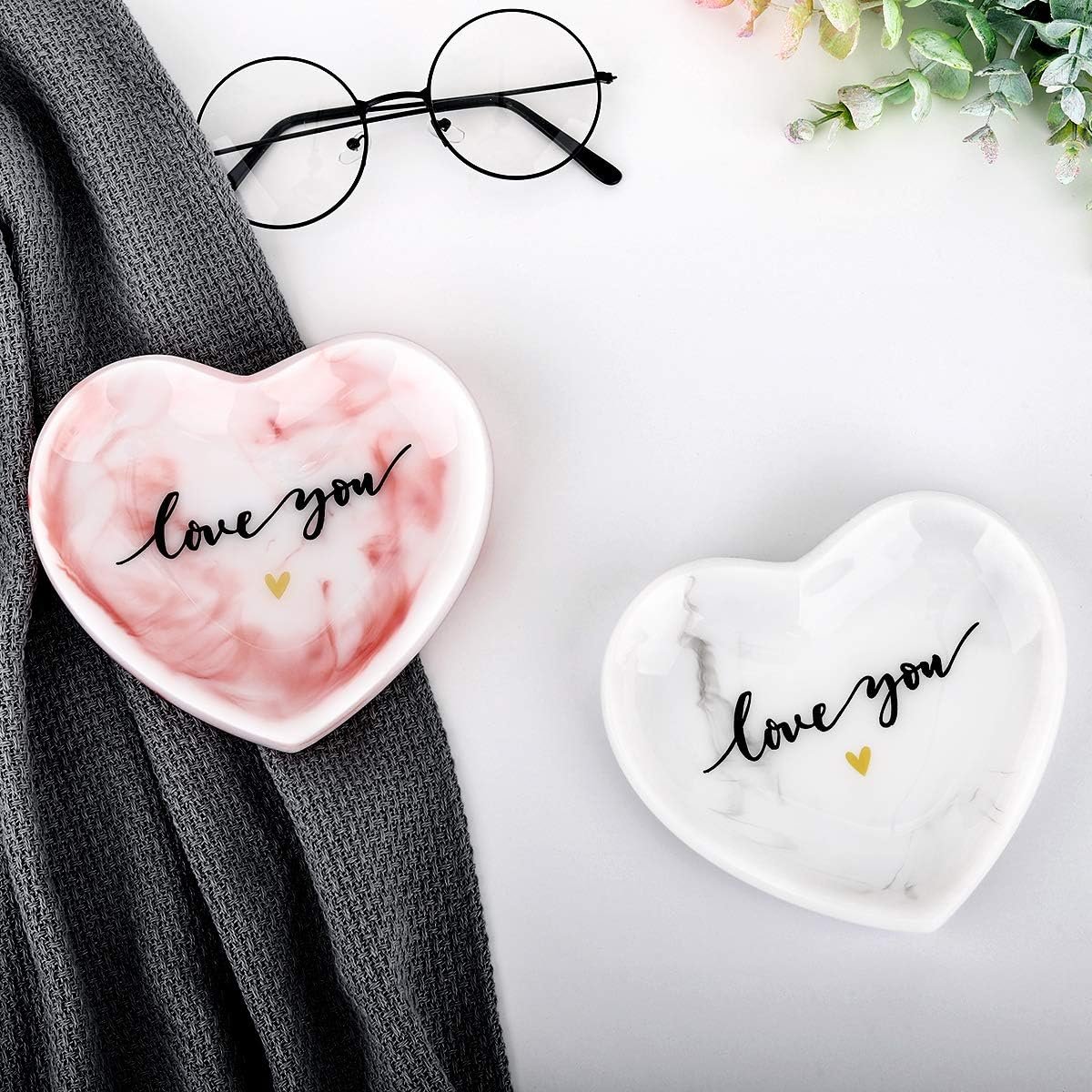 Emibele Jewelry Tray Dish, Heart Shaped Ring Dish Decorative Trinket Plate with Words - Love You Romantic Gifts for Her Mom Daughter Sister Best Friend, White Marble - Image 5