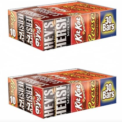 Hershey uxApzl Chocolate Candy Bar Variety Pack, HERSHEYS Milk Chocolate With Almonds, HERSHEYS Milk Chocolate, REESES Peanut Butter Cups, and KIT KAT Bars 30 Count Box (2 Pack)
