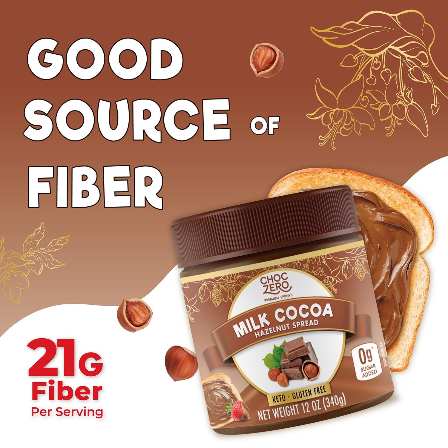 ChocZero Milk Chocolate Hazelnut Spread - No Added Sugar, Keto Friendly Low-Carb Chocolate Hazelnut Dessert & Bread Topping, Gluten Free, High Fiber, 12 oz Jar - Image 5