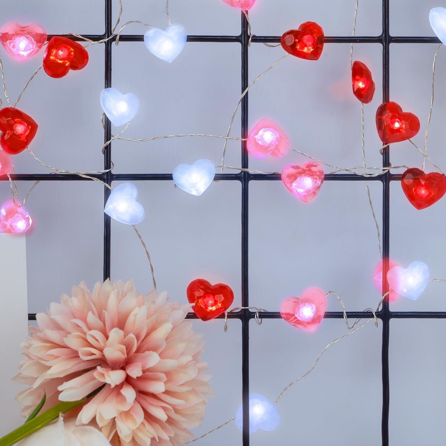 Valentine Day Decorations 13 ft 40 LEDs Red White Pink Heart Shaped Twinkle Fairy String Lights Battery Operated for Kids Wedding Indoor Outdoor Party Valentine's Day Mother's Day Decor with Timer - Image 6