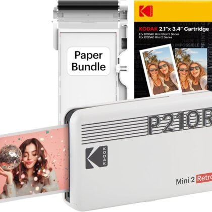 KODAK Mini 2 Retro 4PASS Portable Photo Printer, 2.1x3.4 inches, Instant Picture Printer for iPhone and Android, Photo Printer Gift, 38 Sheets Bundle, White