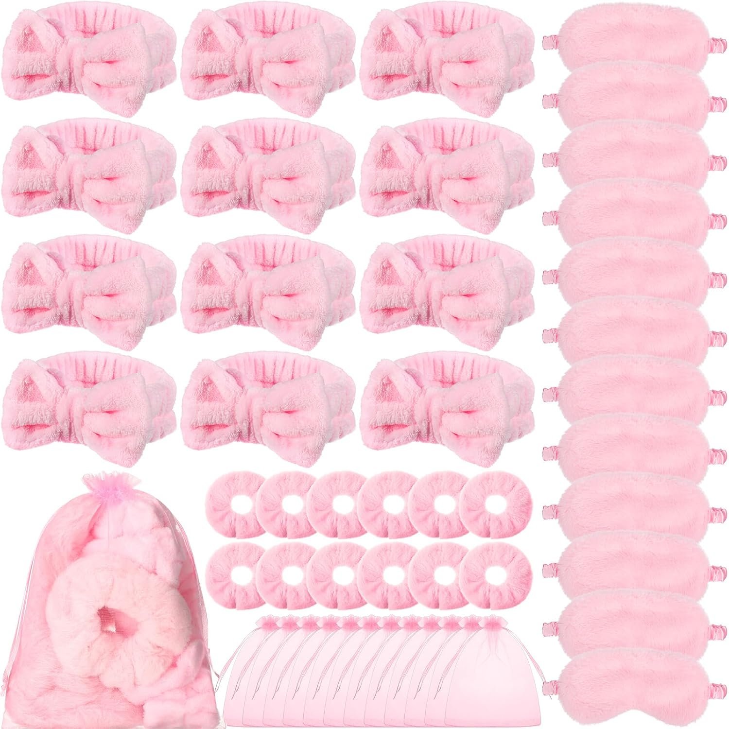 Mimorou 48 Pieces Galentine Spa Party Supplies 12 Spa Headband 12 Plush Sleep Eye Mask 12 Velvet Scrunchies 12 Organza Bags for Sleepover Slumber Party Favors Valentine Gift(Pink)