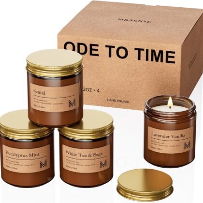 M&SENSE 4 Pack Christmas Candle Gift Set, Aromatherapy Candle Gift for Men and Women, Soy Wax Candles Home Scented, Long Lasting Amber Jar Xmas Candles for Christmas, Thanksgiving, Holiday