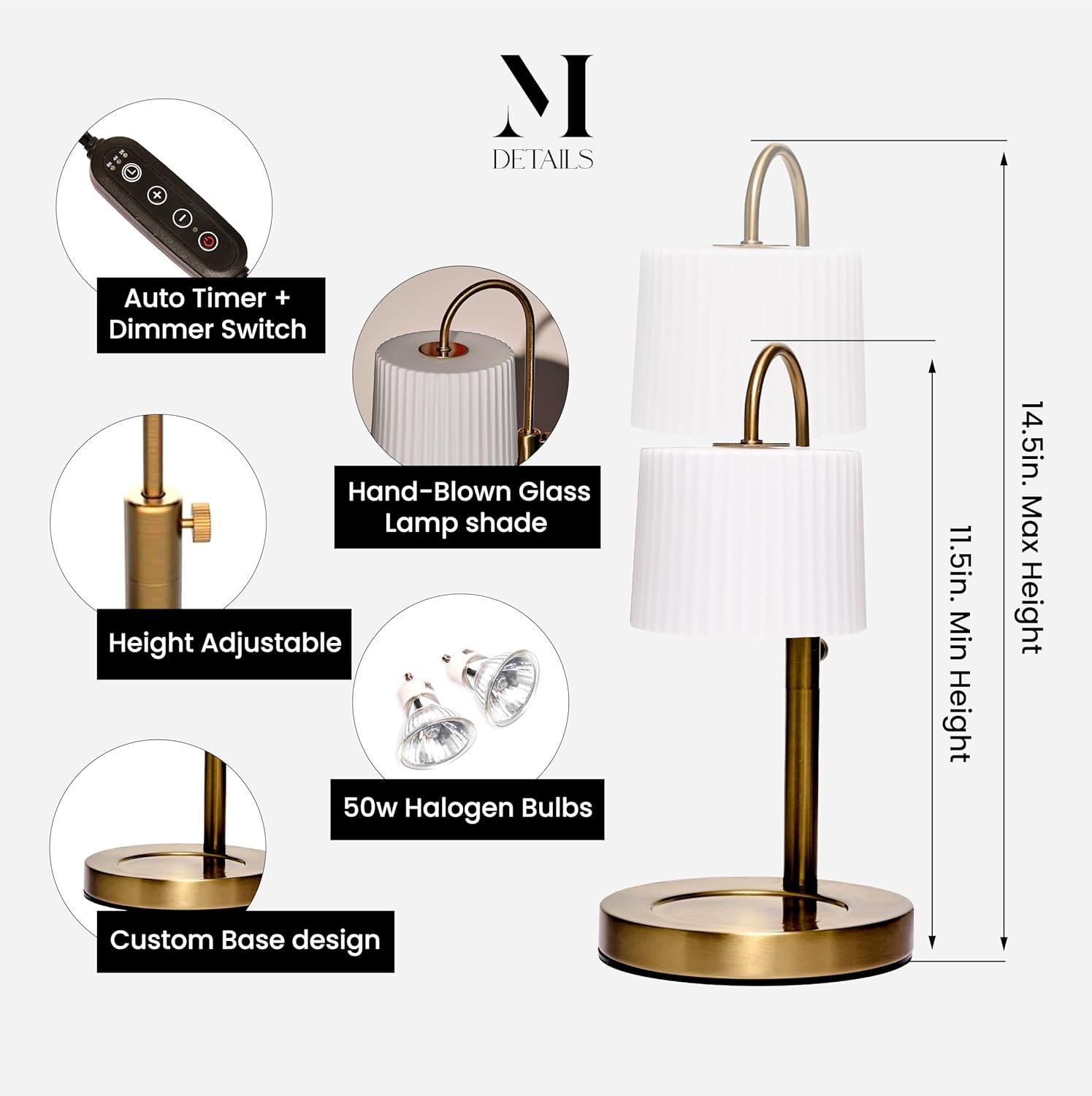 Dimmable Glass Candle Warmer Lamp with Timer - Adjustable Height Candle Lamp Warmer with Timer (8H/4H/2H) - Wax Melter - Ideal Gift, fits Various Size Scented Candles - 02 Bulb - (Gold Metal) - Image 2