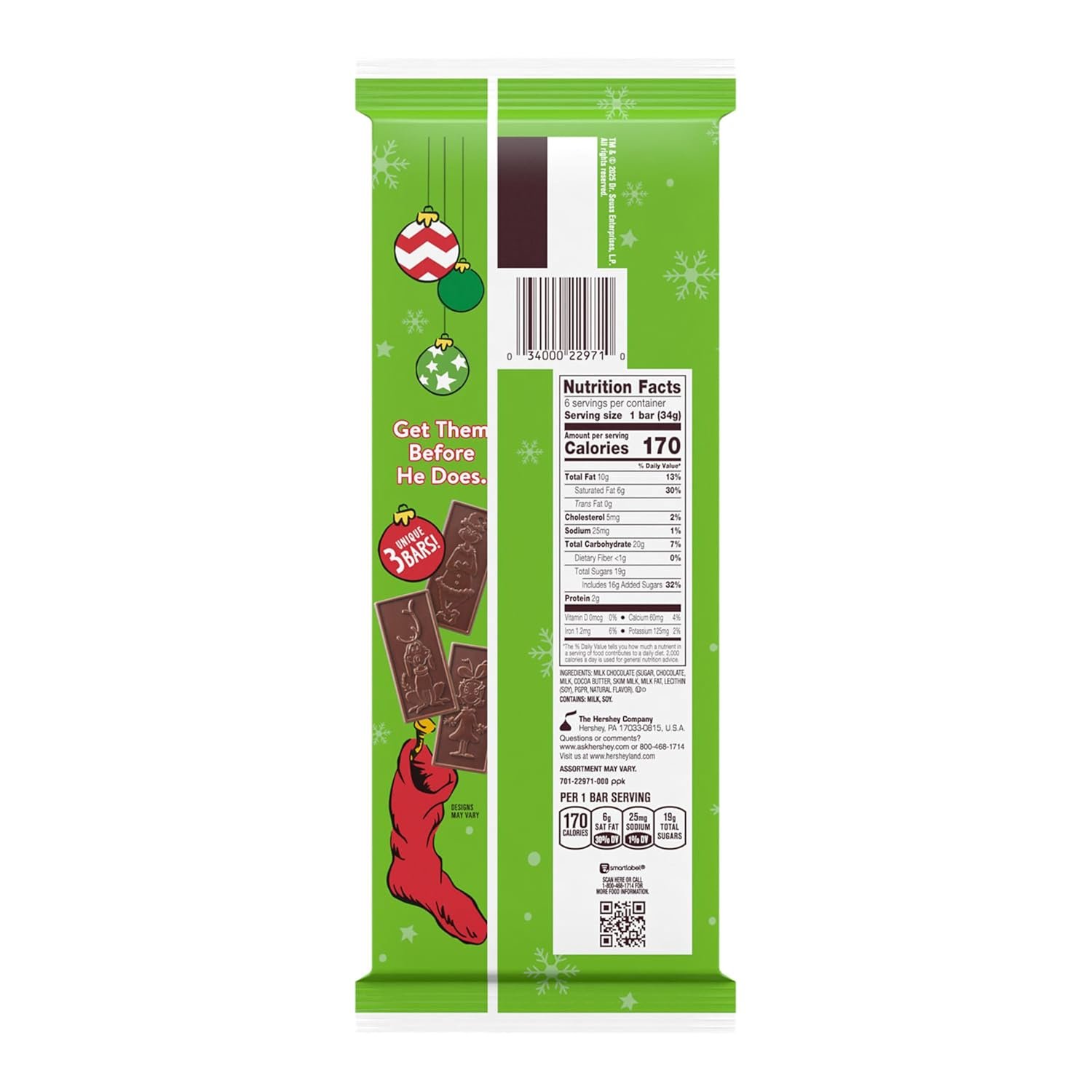 HERSHEY'S Grinch Milk Chocolate, Christmas Candy Bars, 1.2 oz (6 Count) - Image 2