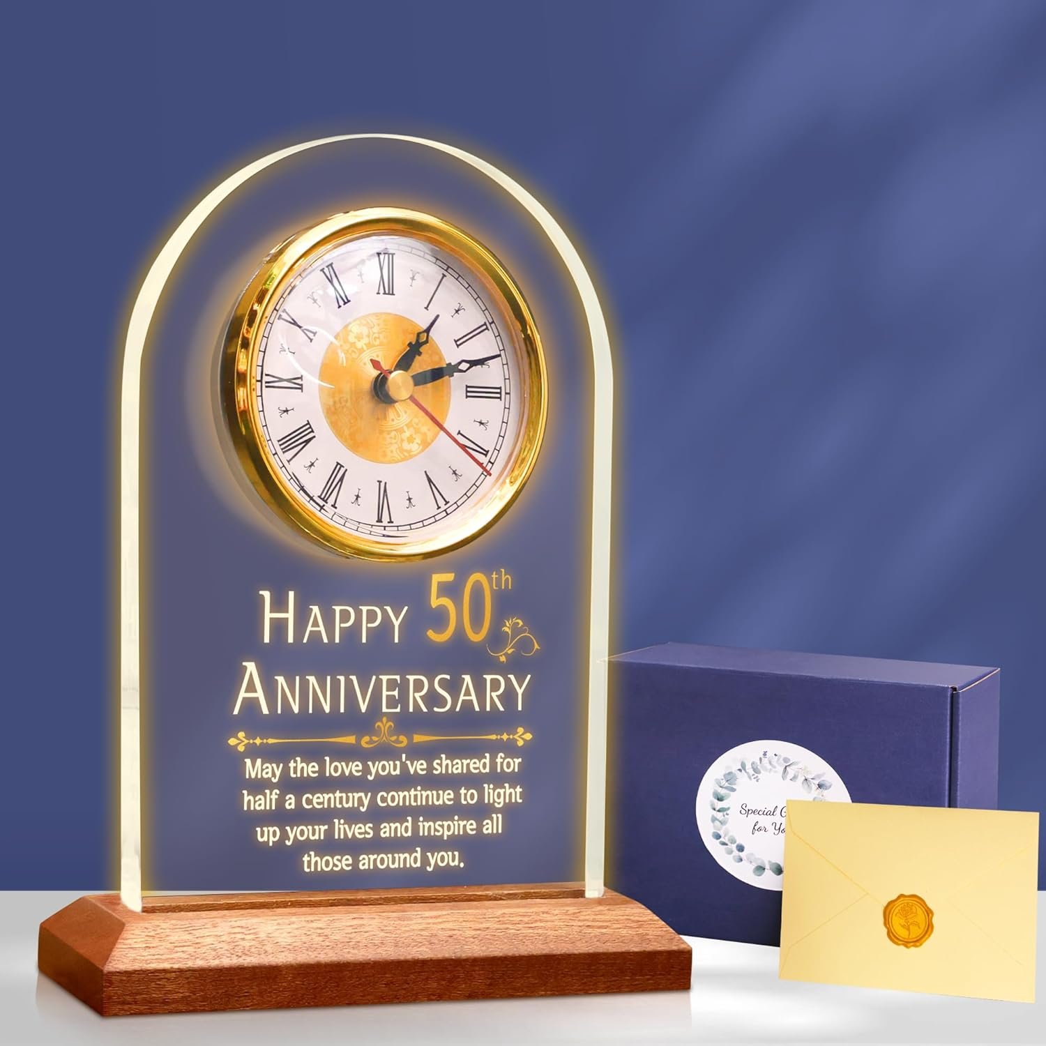50th Anniversary Wedding Gift, Anniversary Quartz Clock, Desk Table Clock, 50 Years of Marriage, Golden Wedding for Couple, Parents, Grandparents (Wooden Base with LED Light) - Image 9