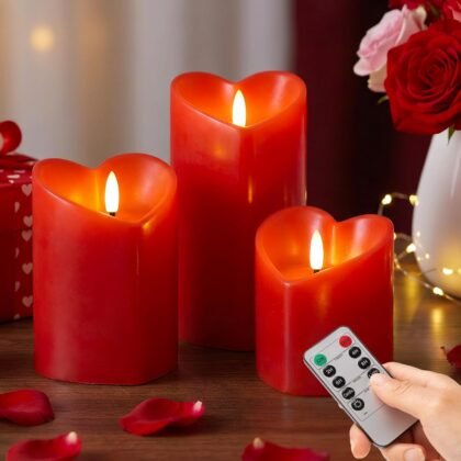 Valentines Day Flameless Candles with Remote, Heart Shaped Candles Battery Operated 3 Pack Red LED Pillar Candles for Wedding Proposal Anniversary Romantic Night