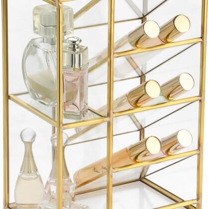 ELLDOO Rollerball Perfume Organizer, 6 Compartment Clear Glass Perfume Storage Holder Vintage Beauty Scent Holder, Metal Makeup Lipgloss Lipstick Display Case