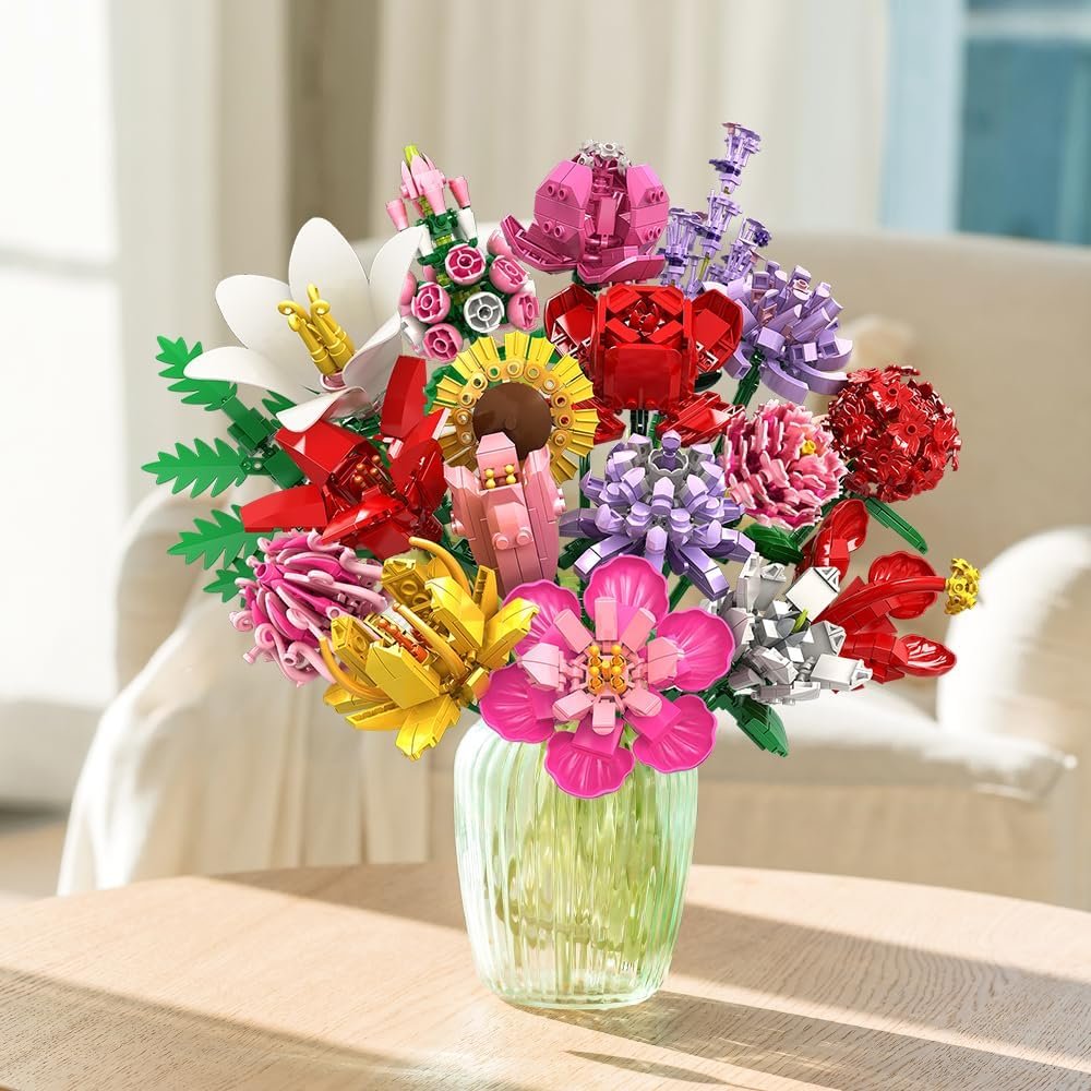 HOGOKIDS Flower Bouquet Set for Adults - Valentine 1461PCS Artificial Flowers Botanical Collection | 18 Sticks Decorative Home Plant Bouquet | Creative DIY Gift for Wife Girlfriend Mom Women Men - Image 6