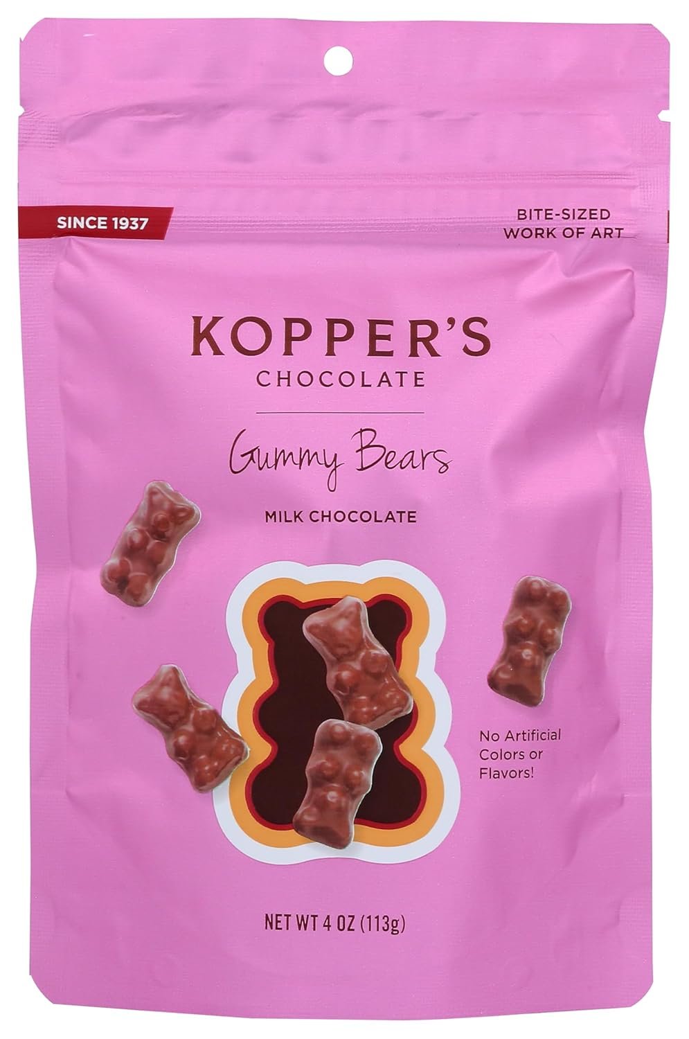 Kopper's Chocolate Milk Chocolate Covered Gummy Bears - No Artificial Colors or Flavors - 4 Oz Pouch, 4 Ounce (Pack of 1)