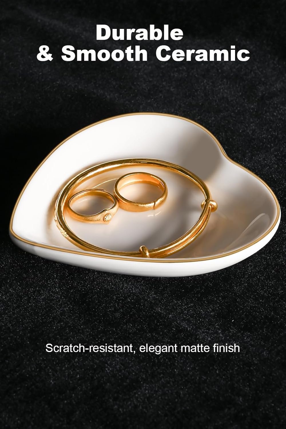 QUELIEN Trinket Dish Heart Shaped Ceramic Dish - Elegant White Jewelry Dish for Rings and Earrings, Heart Ring Tray with Gold Rim - Friendship Gift for Women, Perfect for Vanity, Sink, Nightstand Use - Image 6