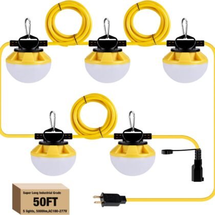 LED Construction String Light 50FT, 50W 6000Lm,18AWG Wire,5000K Linkable String Work Lights with 5 Bulbs & Hooks, Industrial Temporary Lighting for Construction Site, Crawl Space,Job Site,Attic