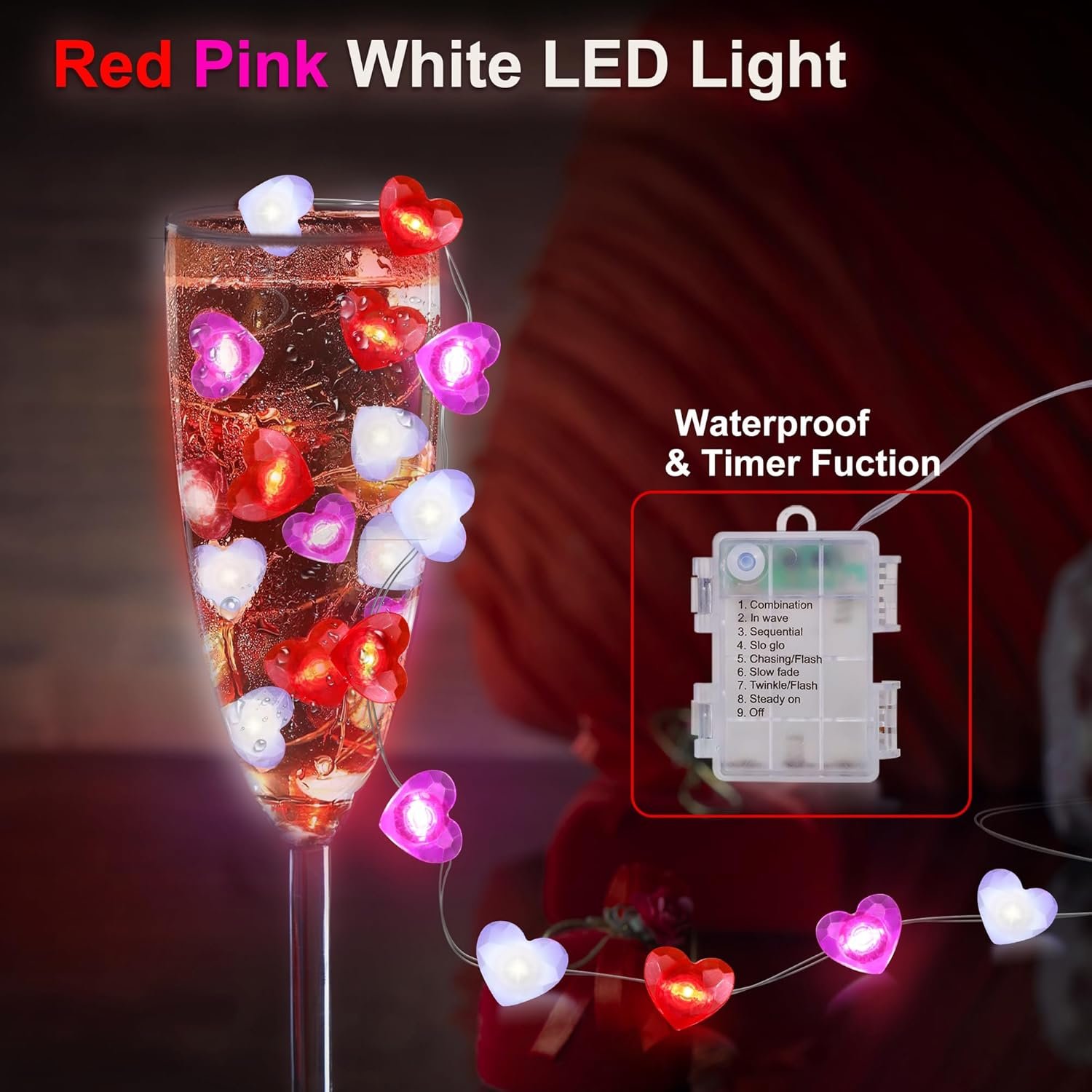 Valentines Decor 10FT 30 LED Valentine's Lights with Timer, Red Pink White Heart Lights String Battery Operated, 8 Modes Valentines Decorations Heart Fairy Lights Romantic Decor Home Bedroom - Image 3