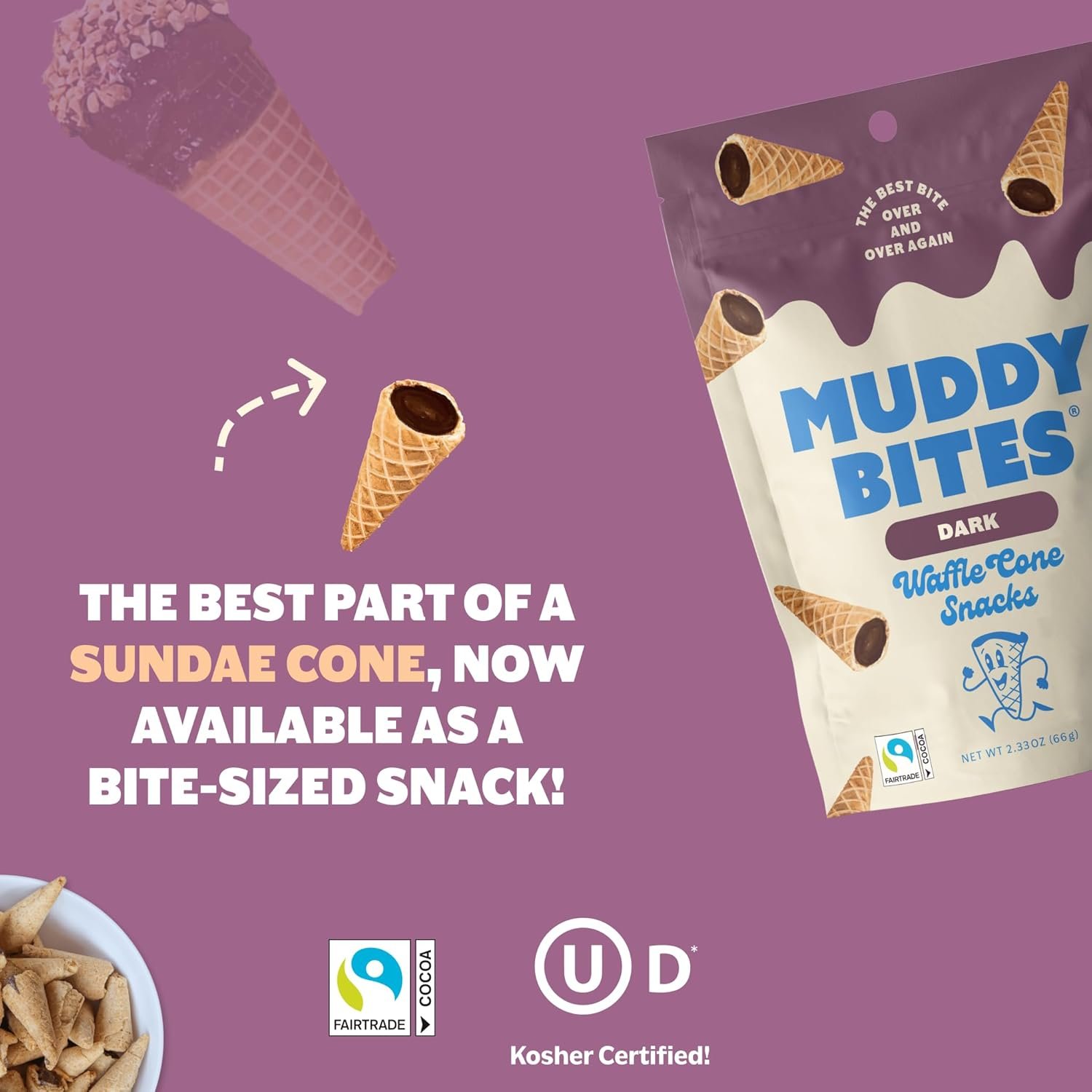 Muddy Bites - Dark Chocolate - Waffle Cone Snack Bite Sized Filled Cone Bites for Snack or Dessert Made with Cane Sugar, Kosher, Fair Trade Certified - Image 4