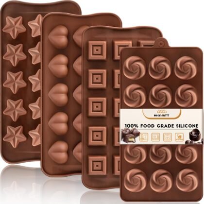 HKNMTT Chocolate Molds Silicone for Hard Candy Butter, 4 Pcs Small Bite Size Heart Star Sqaure Shapes Truffle Caramel Mould, Homemade Wax Melts Food Grade Baking Set Oven Safe Kit