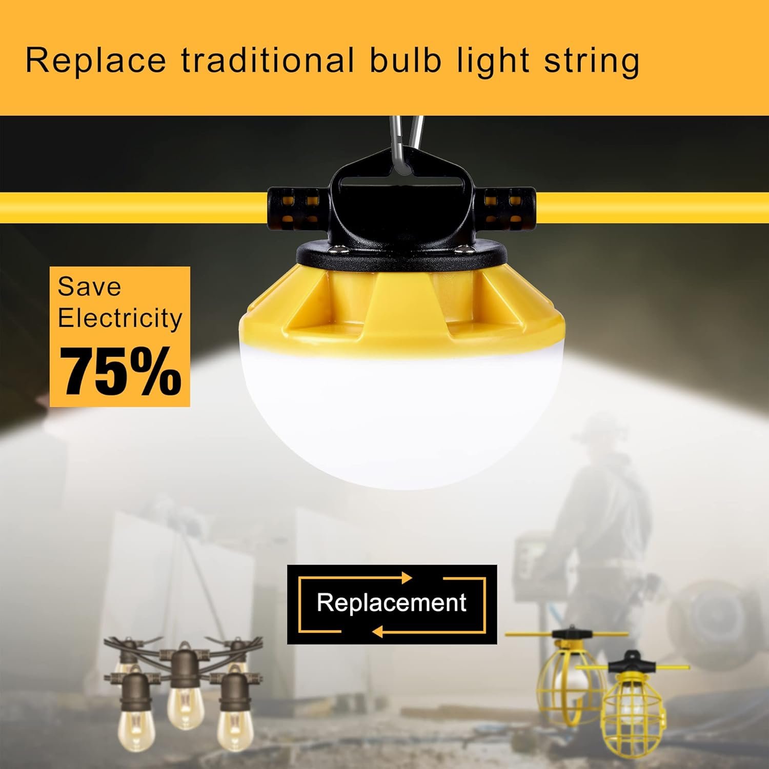 100FT Construction String Lights, IP65 Waterproof ETL Certified LED String Work Lights, 5000K Daylight 18AWG Wire Linkable Temporary Construction Lighting for Jobsite with 10 Bulbs & Hooks - Image 5