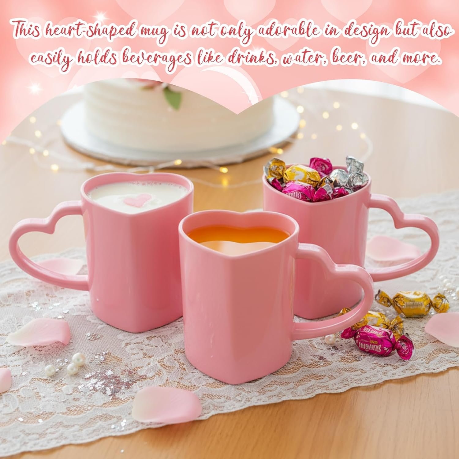 Baderke 12 Pcs Valentine's Day Heart Shaped Mugs with Handles 7.8 oz Reusable Pink Red Love Heart Plastic Drinking Cups for Birthday Wedding Anniversary Party Supplies(Pink) - Image 4