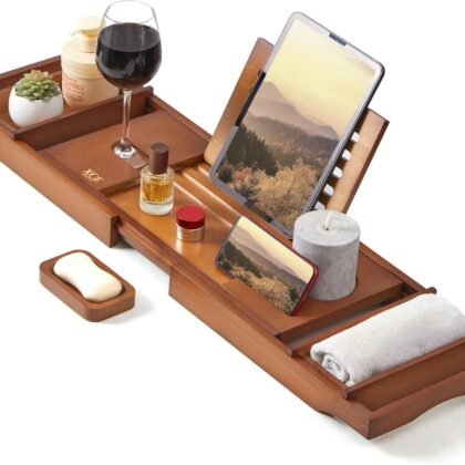 XcE Bamboo Bathtub Caddy Tray - Expandable to 41 Inches with Book Stand, Soap Holder & Anti-Slip Pads for Luxury Bath Spa, Brown