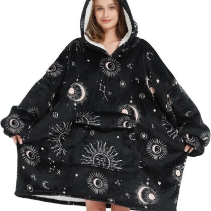 Wearable Blanket Hoodie for Adult,Oversized Sherpa Fleece Blanket Hoodie for Women Men,Sun and Moon