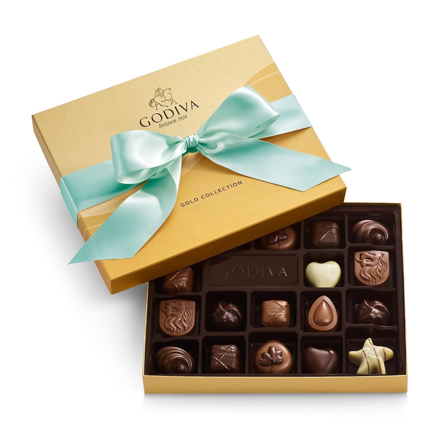Godiva Assorted Chocolate Gift Box- Milk, White and Dark Chocolate with Caramel and Nuts, Gourmet Chocolate Candy Gift Basket for Congratulations, Birthday and Anniversary, Aqua Ribbon, 18-Piece