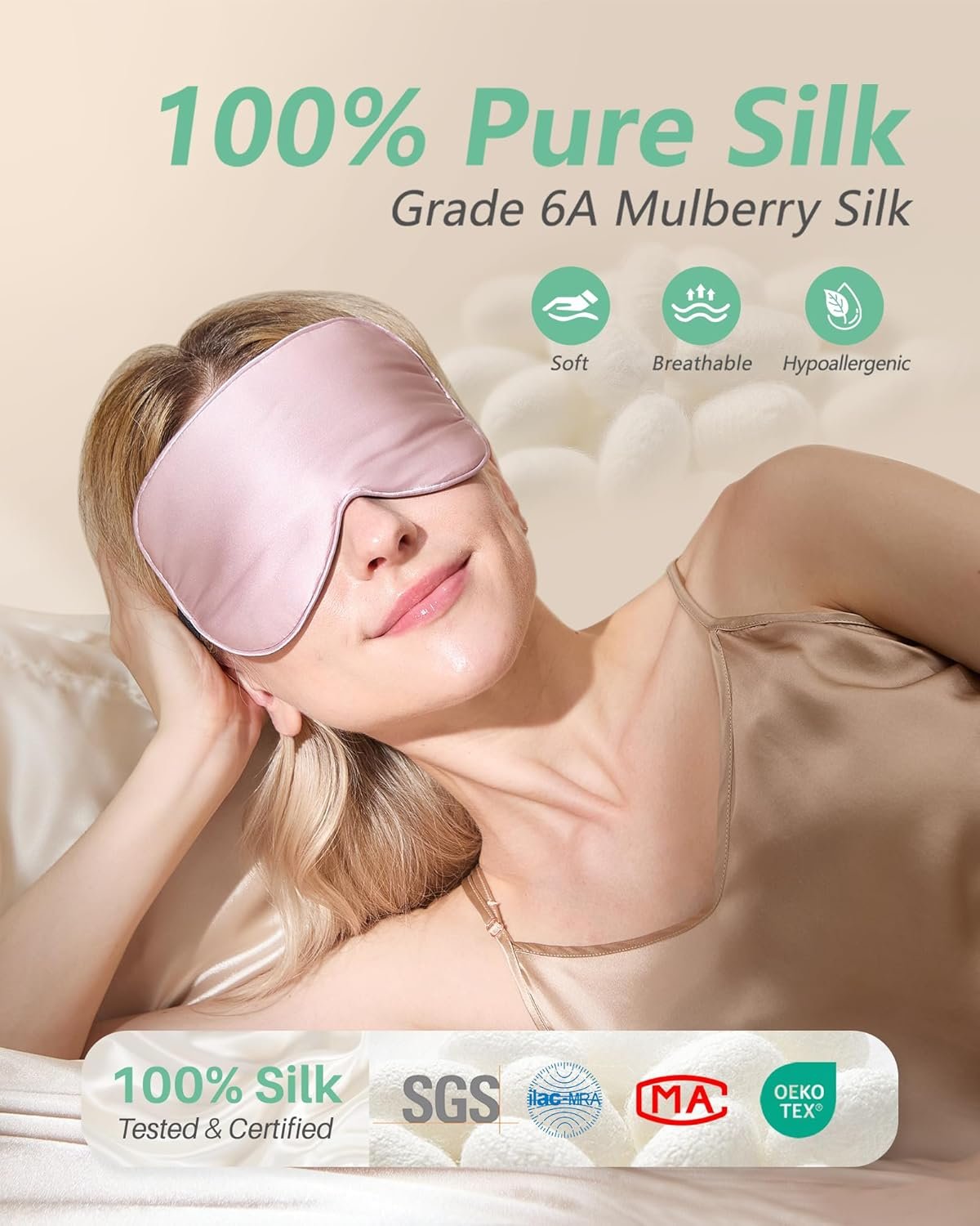 BeeVines 100% Real Mulberry Silk 2 Pack Sleep Mask, Natural Pure Silk Eye Masks with Adjustable Strap for Sleeping, 100% Block Light Eye Sleep Shade Cover, Reduces Puffy Eyes Traveling Gifts - Image 2