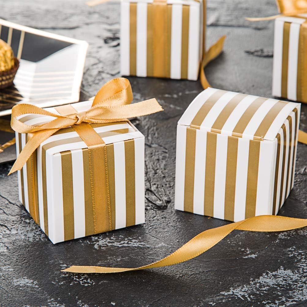 AWELL Small Candy Box Bulk 2x2x2 inch with Ribbon, Gold White Strips Box Party Favors Pack of 50 - Image 2
