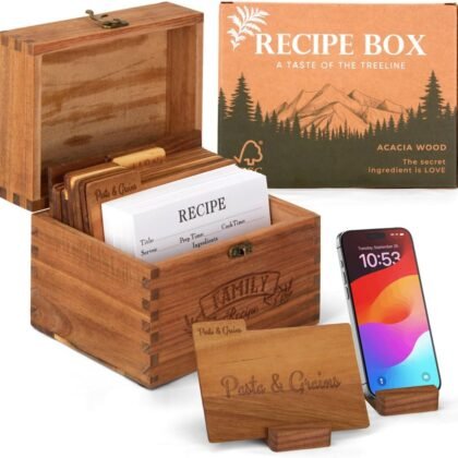 NOFEO Premium Acacia Recipe Box - 100 Double-Sided Cards, Phone Stand & 9 Wooden Dividers | Handcrafted Kitchen Recipe Organizer with Wood Conversion Card | Beautiful Rustic 4x6 Recipe Holder