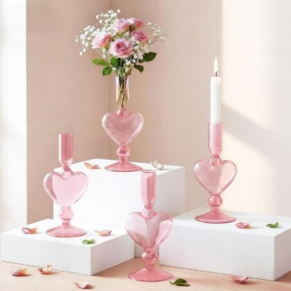 4pcs Valentine's Day Candle Holder 7" Heart Glass Taper Candlestick Holder Valentines Heart Candle Stick Vase Decor for Wedding Party Table Centerpiece(Pink)