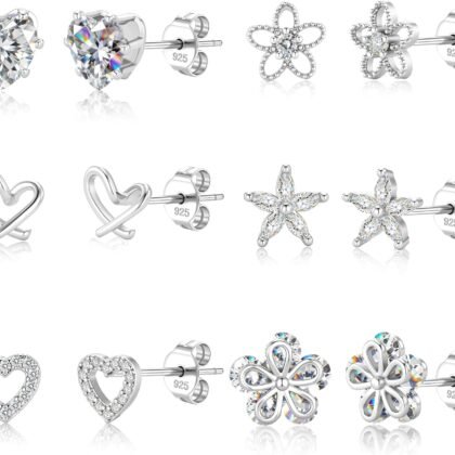 ALEXCRAFT Small Gold Stud Earrings - 6 Pairs Cute Heart Studs for Women - Cubic Zirconia - Hypoallergenic - Pack