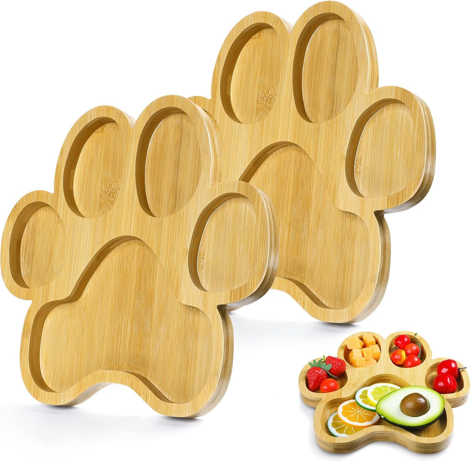 Teling 2 Pcs Paw Bamboo Serving Tray Wooden Snack Platters with 5 Grooves Bamboo Charcuterie Board Wood Candy Dish Bowl Gifts for Spring Holiday Birthday Party Supplies, 10-11 Inch