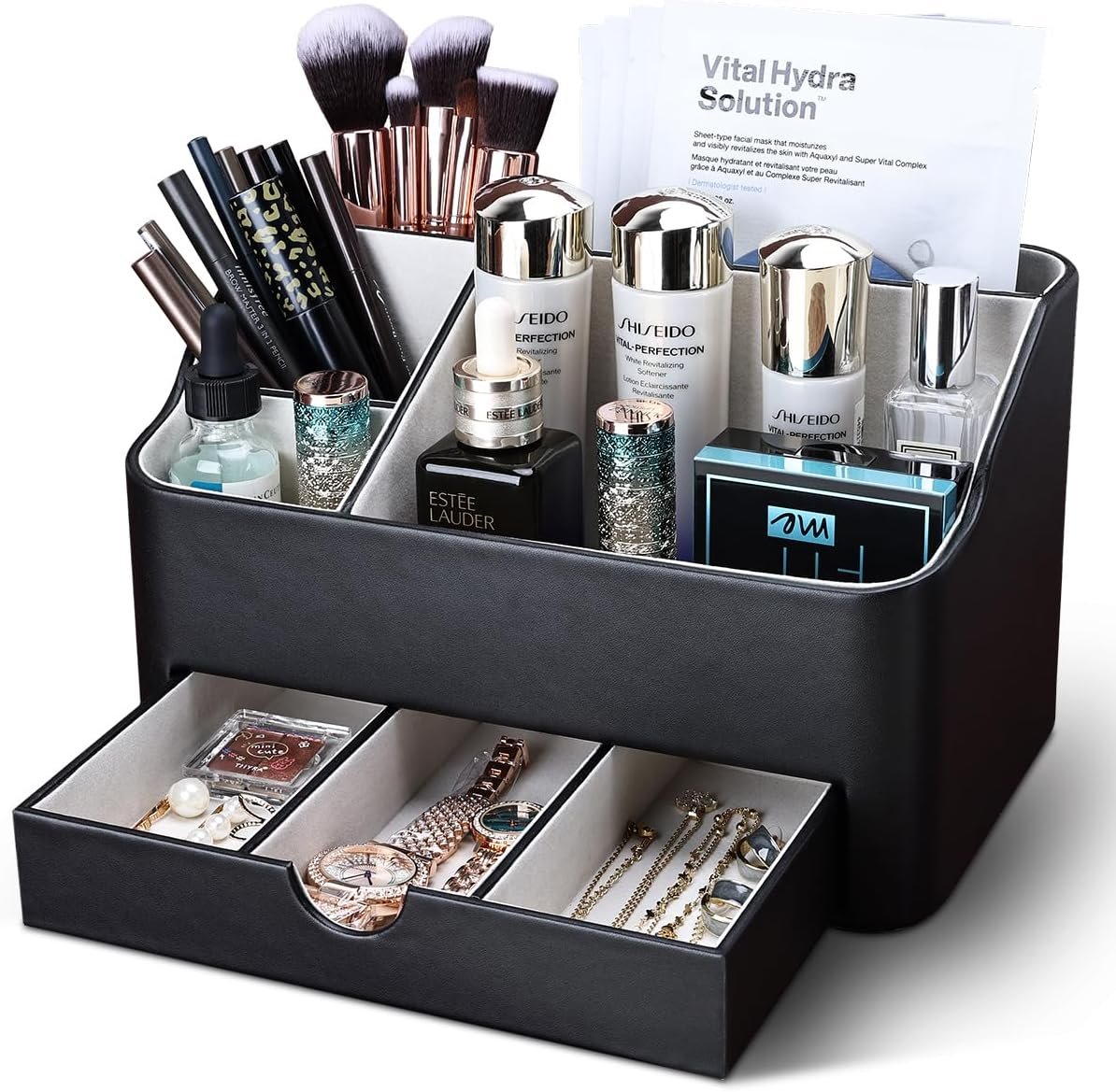 KINGFOM Desk Organizer with Drawer, Multifunction Pencil Holder for Desk, Desk Organizer and Accessories 5 Compartments for Home Office Supplies (Black) - Image 2