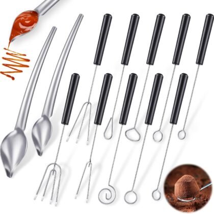 Patelai 12 Pcs Candy Dipping Tools Set Included 10 Chocolate Dipping Fork Spoons and 2 Stainless Steel Culinary Decorating Spoons Chef Art Pencil for Decorative Plates
