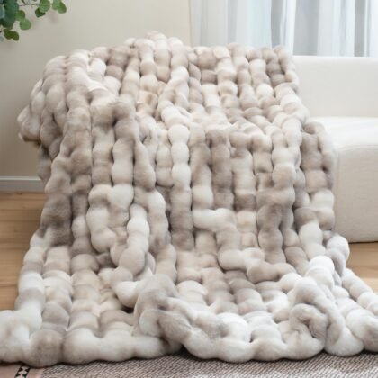 macinso Super Comfort Oversized Warm Thick 1000GSM Luxury Plush Rabbit Faux Fur Throw Blanket, Fluffy Blanket,Soft Cozy Bubble Blanket for Couch Chair Bed Sofa Living Room -Brownwhite 50'' x 60''