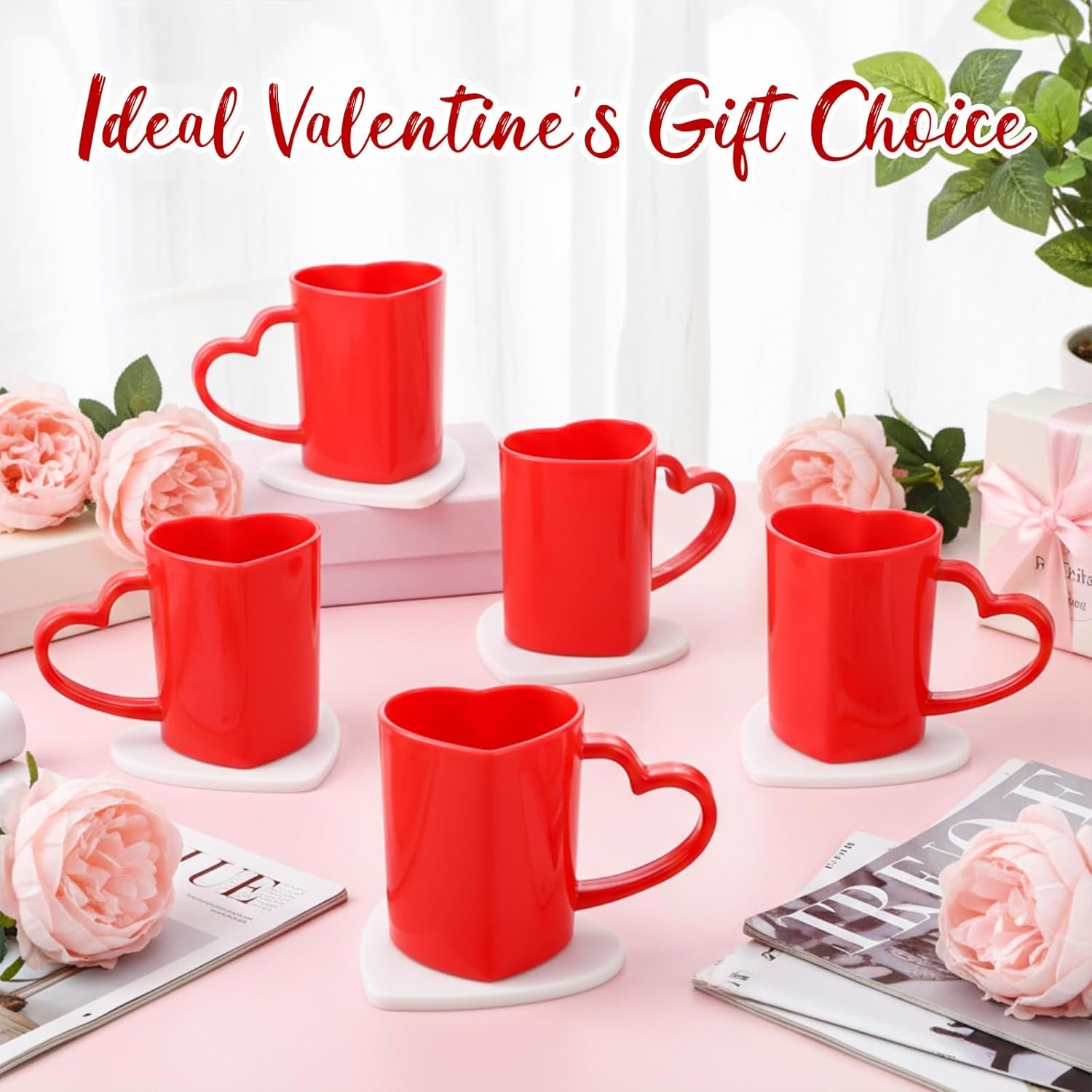 Baderke 12 Pcs Valentine's Day Heart Shaped Mugs with Handles 7.8 oz Reusable Pink Red Love Heart Plastic Drinking Cups for Birthday Wedding Anniversary Party Supplies(Red) - Image 6
