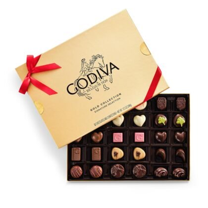 Godiva Red Ribbon Gold Assorted Chocolate Gift Box, Belgian Dark and Milk Chocolates with Pralinés, Ganaches & Caramels, Gourmet Valentine's Day Gift, Kosher, 30 Pc