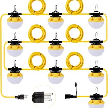 3-Prong 100FT Construction String Lights, IP65 Waterproof ETL Certified String Work Lights, 5000K Daylight 18AWG Wire Linkable Temporary Construction Lighting for Jobsite with 10 Bulbs & Hooks