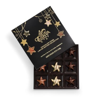 Godiva Holiday Stars Collection Gift Box, Festive Star-Shaped Chocolates with Ganache & Raspberry Filling, Limited Edition Holiday Assortment, 9 Pc