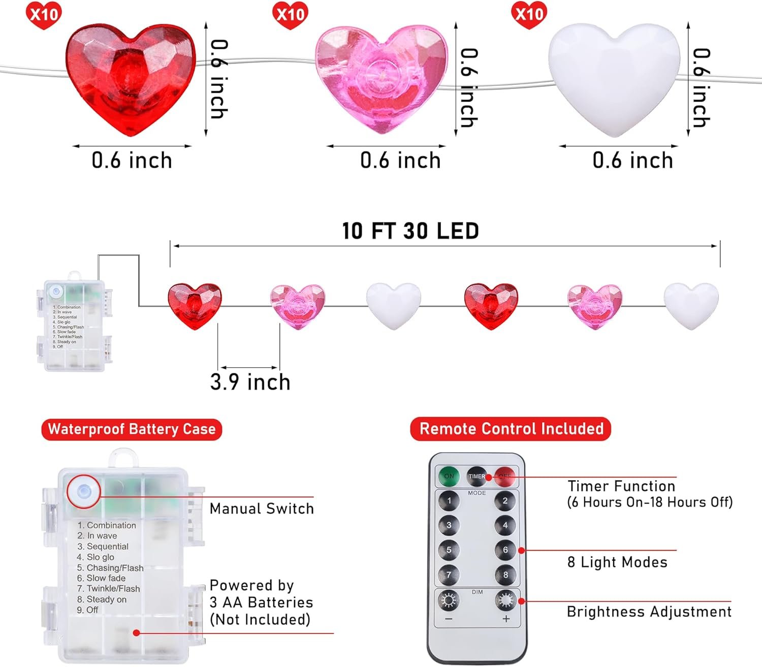 Valentines Decor 10FT 30 LED Valentine's Lights with Timer, Red Pink White Heart Lights String Battery Operated, 8 Modes Valentines Decorations Heart Fairy Lights Romantic Decor Home Bedroom - Image 4