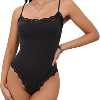 Starrylion Lace Body Suit Square Neck Tops for Women Sleeveless Spaghetti Strap Tank Top Bodysuits for Women Sexy Jumpsuit