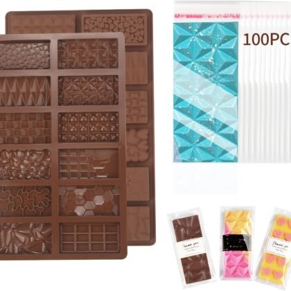 Chocolate Molds, 2Pcs Mini Silicone Chocolate Bar Mold with 100Pcs Bags, Break Apart Non-stick Small Chocolate Candy Bar Molds Wax Melt Molds for Chocolate Bar