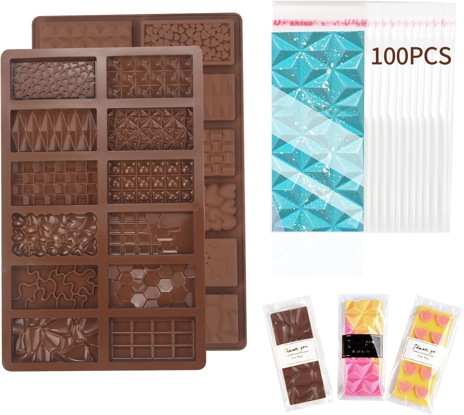 Chocolate Molds, 2Pcs Mini Silicone Chocolate Bar Mold with 100Pcs Bags, Break Apart Non-stick Small Chocolate Candy Bar Molds Wax Melt Molds for Chocolate Bar