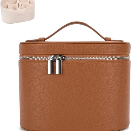 Leather Make Up Bags With Compartments, Brown travel Cosmetic Bags for Women, Parallel Makeup Travel Bags Organizer Equipped With a Detachable Divider