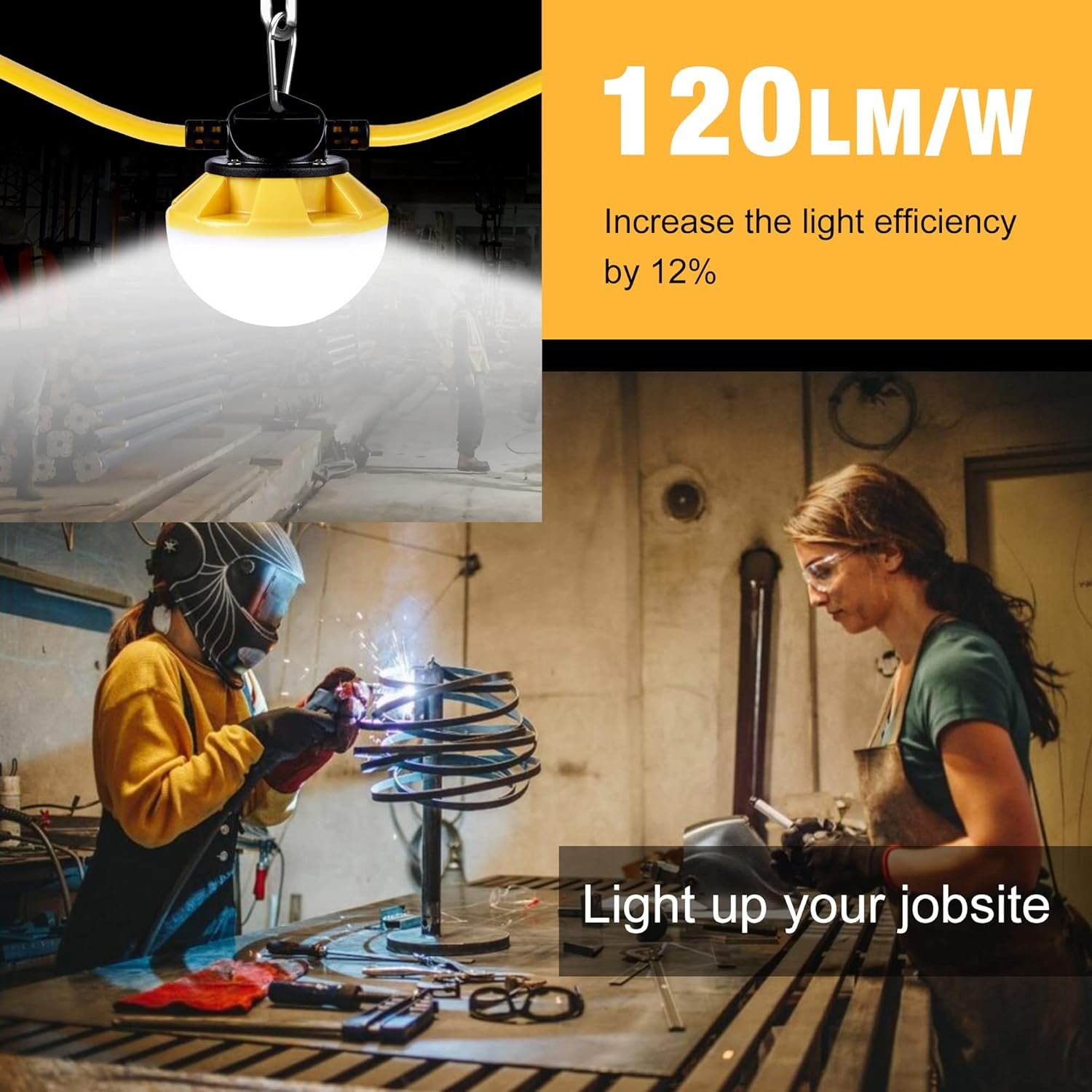 100FT Construction String Lights, IP65 Waterproof ETL Certified LED String Work Lights, 5000K Daylight 18AWG Wire Linkable Temporary Construction Lighting for Jobsite with 10 Bulbs & Hooks - Image 2