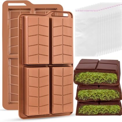 Chocolate Bar Molds Silicone Non Stick 0.82inch Deep,Thick Dubai Shapes Chocolate Stuffed Bar Mold Kit for Filling Knafeh Candy(2 Pack and 100pcs Bags)