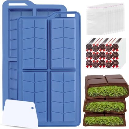 Chocolate Bar Molds Silicone Non Stick 0.82inch Deep,2 Pack Thick Dubai Shapes Chocolate Stuffed Bar Mold Kit for Filling Knafeh Candy with 100pcs Bags and 104pcs Stickers