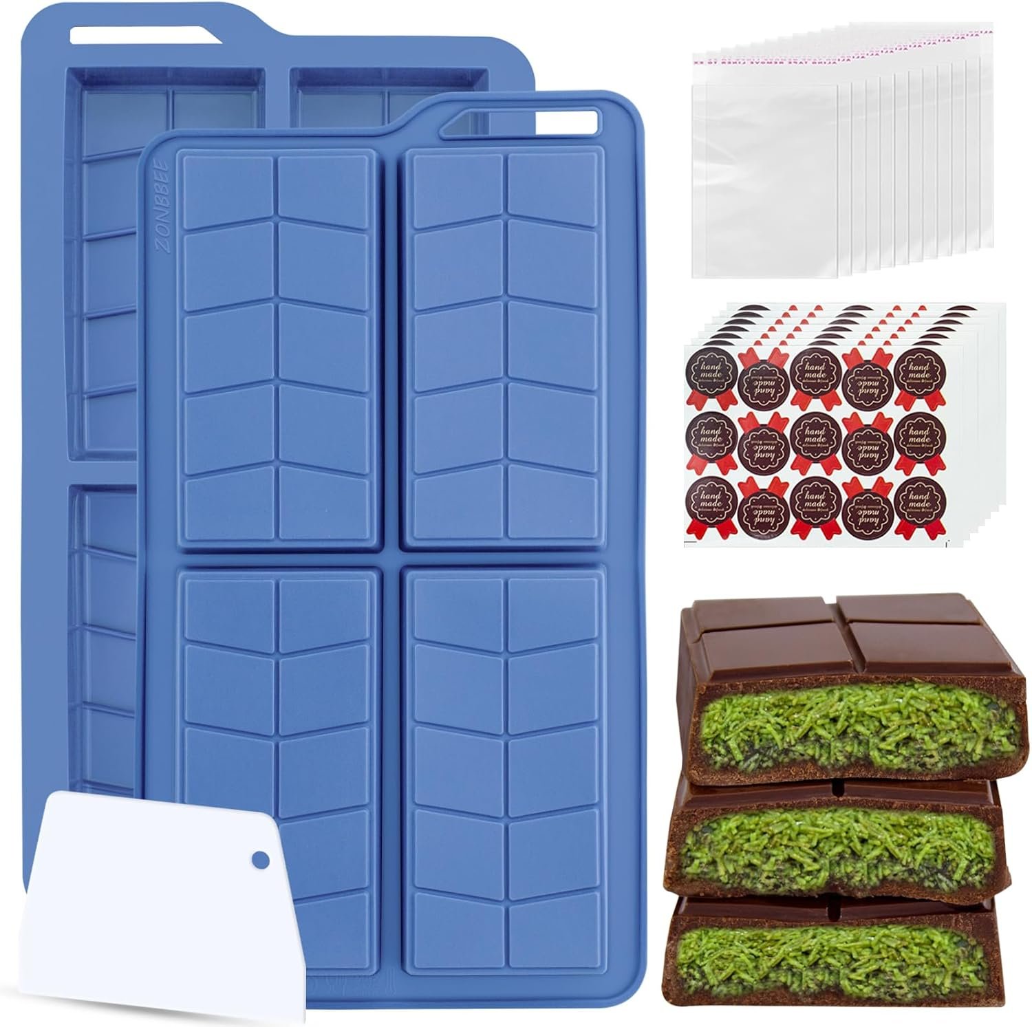 Chocolate Bar Molds Silicone Non Stick 0.82inch Deep,2 Pack Thick Dubai Shapes Chocolate Stuffed Bar Mold Kit for Filling Knafeh Candy with 100pcs Bags and 104pcs Stickers