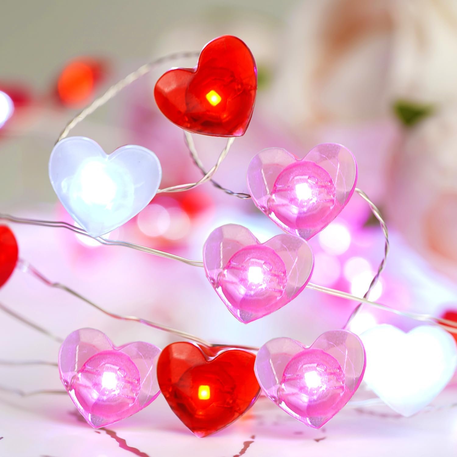 Valentine Day Decorations 13 ft 40 LEDs Red White Pink Heart Shaped Twinkle Fairy String Lights Battery Operated for Kids Wedding Indoor Outdoor Party Valentine's Day Mother's Day Decor with Timer