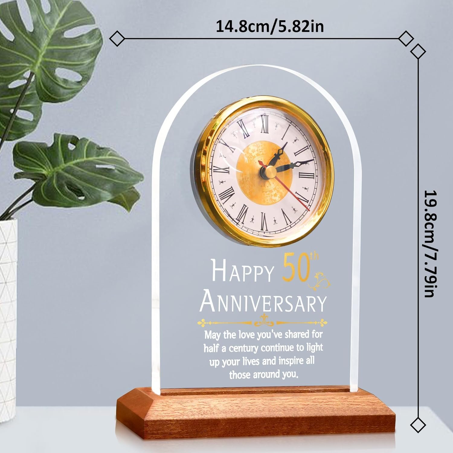 50th Anniversary Wedding Gift, Anniversary Quartz Clock, Desk Table Clock, 50 Years of Marriage, Golden Wedding for Couple, Parents, Grandparents (Wooden Base with LED Light) - Image 5