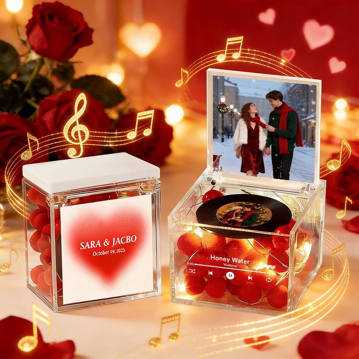 Custom Acrylic Music Box with Light – Personalized Mini Photo & Song Vinyl Record Player, Romantic Valentine’s Day Gift for Couples, Him or Her, Anniversary Birthday Gifts for Women Wife Girlfriend